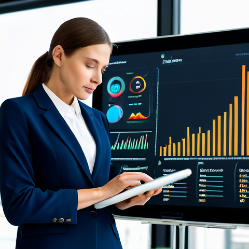 A professional female nutritionist in a modest business suit, confidently reviewing complex dietary data on a sleek tablet in a bright, modern office. The scene emphasizes innovation and technology in health, with abstract digital visualizations subtly displayed on a large screen in the background. Professional photography, high resolution, soft studio lighting. Fully clothed, appropriate attire, professional dress. Perfect anatomy, correct proportions, natural pose, well-formed hands, proper finger count, natural body proportions. Safe for work, appropriate content, family-friendly.