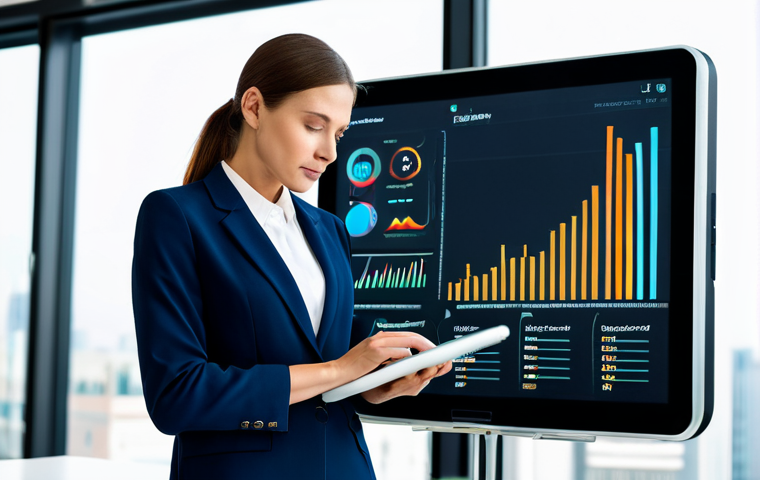 A professional female nutritionist in a modest business suit, confidently reviewing complex dietary data on a sleek tablet in a bright, modern office. The scene emphasizes innovation and technology in health, with abstract digital visualizations subtly displayed on a large screen in the background. Professional photography, high resolution, soft studio lighting. Fully clothed, appropriate attire, professional dress. Perfect anatomy, correct proportions, natural pose, well-formed hands, proper finger count, natural body proportions. Safe for work, appropriate content, family-friendly.