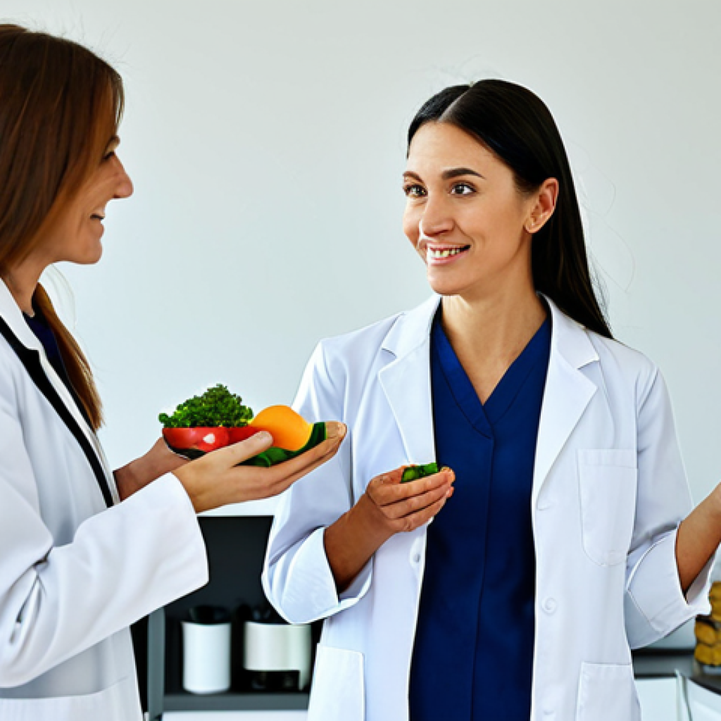 **

A professional female nutritionist in a modest lab coat, consulting with a fully clothed client in a brightly lit, modern clinic. The nutritionist is gesturing towards a healthy meal plan. The scene conveys trust and expertise. Appropriate attire, safe for work, perfect anatomy, well-formed hands, proper finger count, natural body proportions, professional, family-friendly.

**