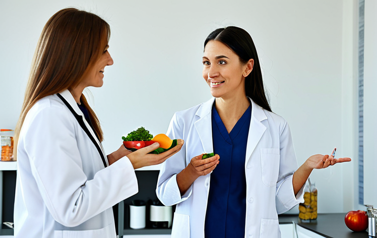 **

A professional female nutritionist in a modest lab coat, consulting with a fully clothed client in a brightly lit, modern clinic. The nutritionist is gesturing towards a healthy meal plan. The scene conveys trust and expertise. Appropriate attire, safe for work, perfect anatomy, well-formed hands, proper finger count, natural body proportions, professional, family-friendly.

**