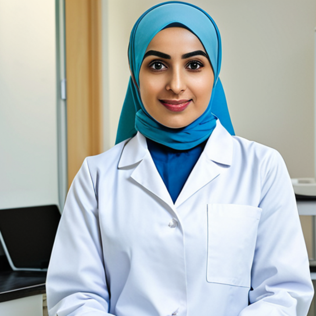 The Empathetic Nutritionist**

"A kind female nutritionist wearing a hijab and a modest lab coat, sitting in a well-lit clinic, listening attentively to a patient. The background includes brochures about healthy eating in Arabic. Perfect anatomy, natural proportions, professional environment, safe for work, appropriate content, fully clothed, family-friendly."

**