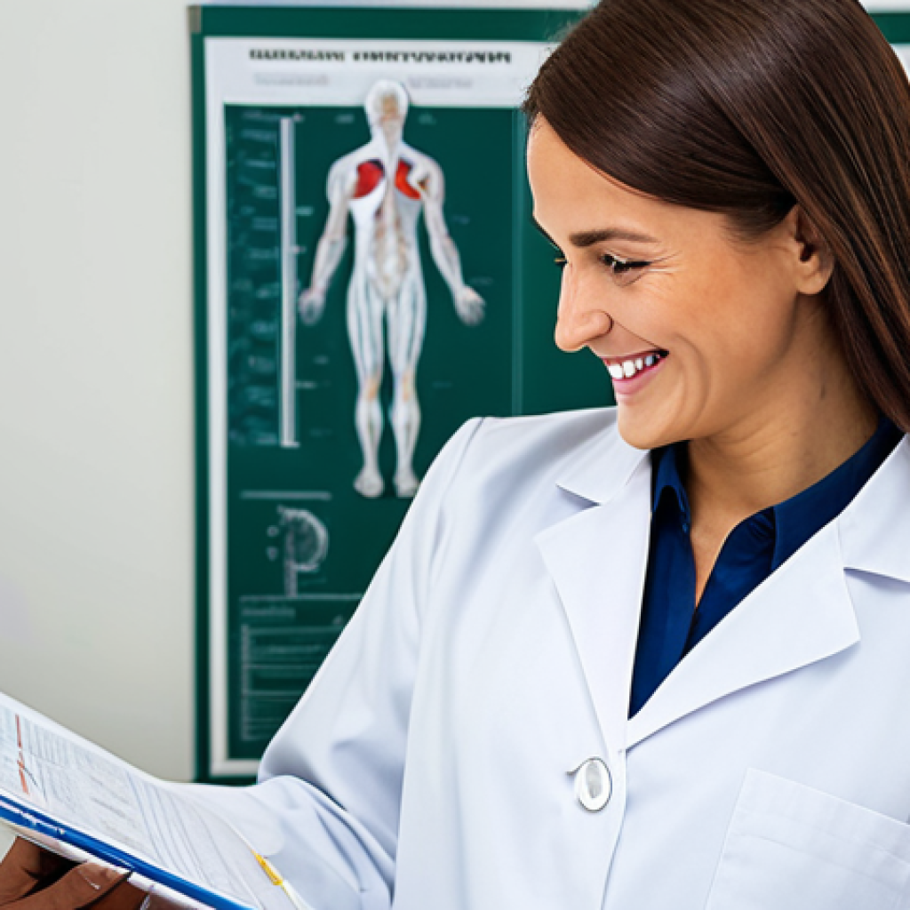 **

"A professional female nutritionist in a modest lab coat, smiling warmly while reviewing a patient's chart in a bright, modern clinic. Safe for work, appropriate content, fully clothed, professional, perfect anatomy, correct proportions, natural pose, well-formed hands, proper finger count, natural body proportions, high quality."

**
