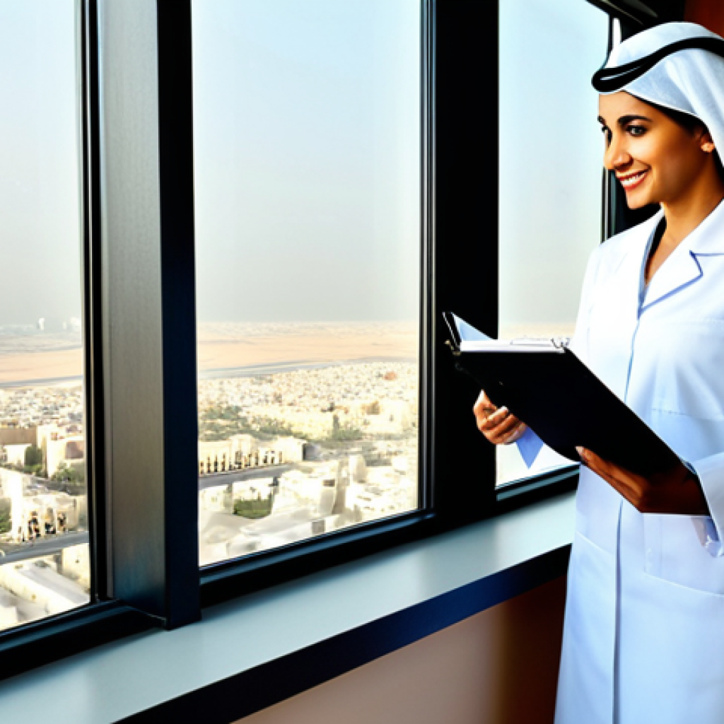 영양사 실무에서의 커뮤니케이션 - **Prompt:** A warm and inviting dietician's office in Dubai, UAE. The dietitian, a friendly Arab wom...