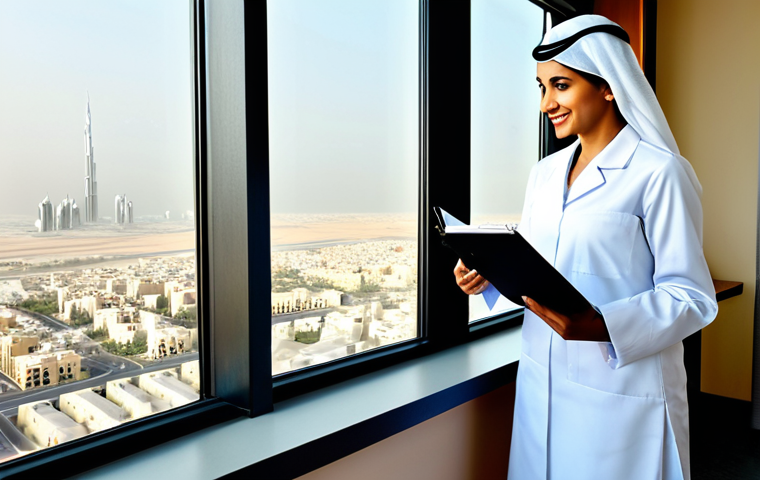 영양사 실무에서의 커뮤니케이션 - **Prompt:** A warm and inviting dietician's office in Dubai, UAE. The dietitian, a friendly Arab wom...