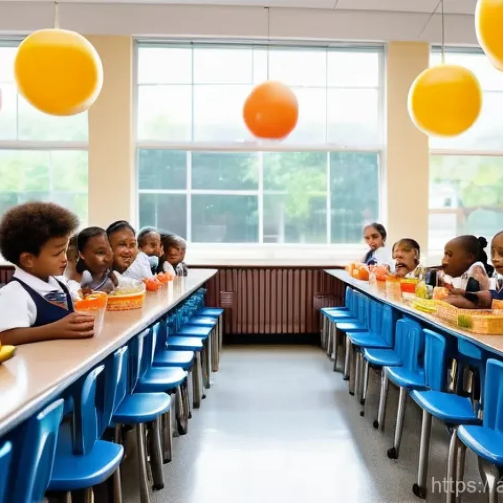 영양사와 급식 관리 - **Prompt:** A vibrant, sun-drenched school cafeteria filled with diverse, happy children from variou...