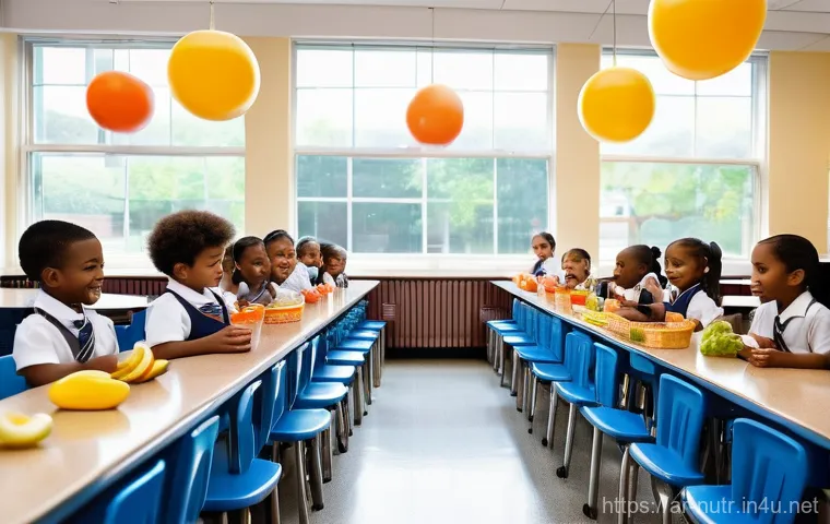 영양사와 급식 관리 - **Prompt:** A vibrant, sun-drenched school cafeteria filled with diverse, happy children from variou...