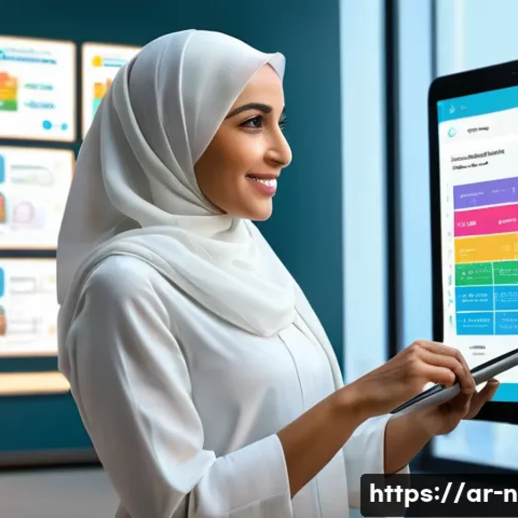 영양사 업무와 관련된 최신 기술 - A modern nutritionist's office in a Middle Eastern setting, featuring a professional Arab woman wear...