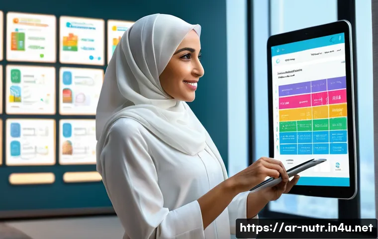 영양사 업무와 관련된 최신 기술 - A modern nutritionist's office in a Middle Eastern setting, featuring a professional Arab woman wear...