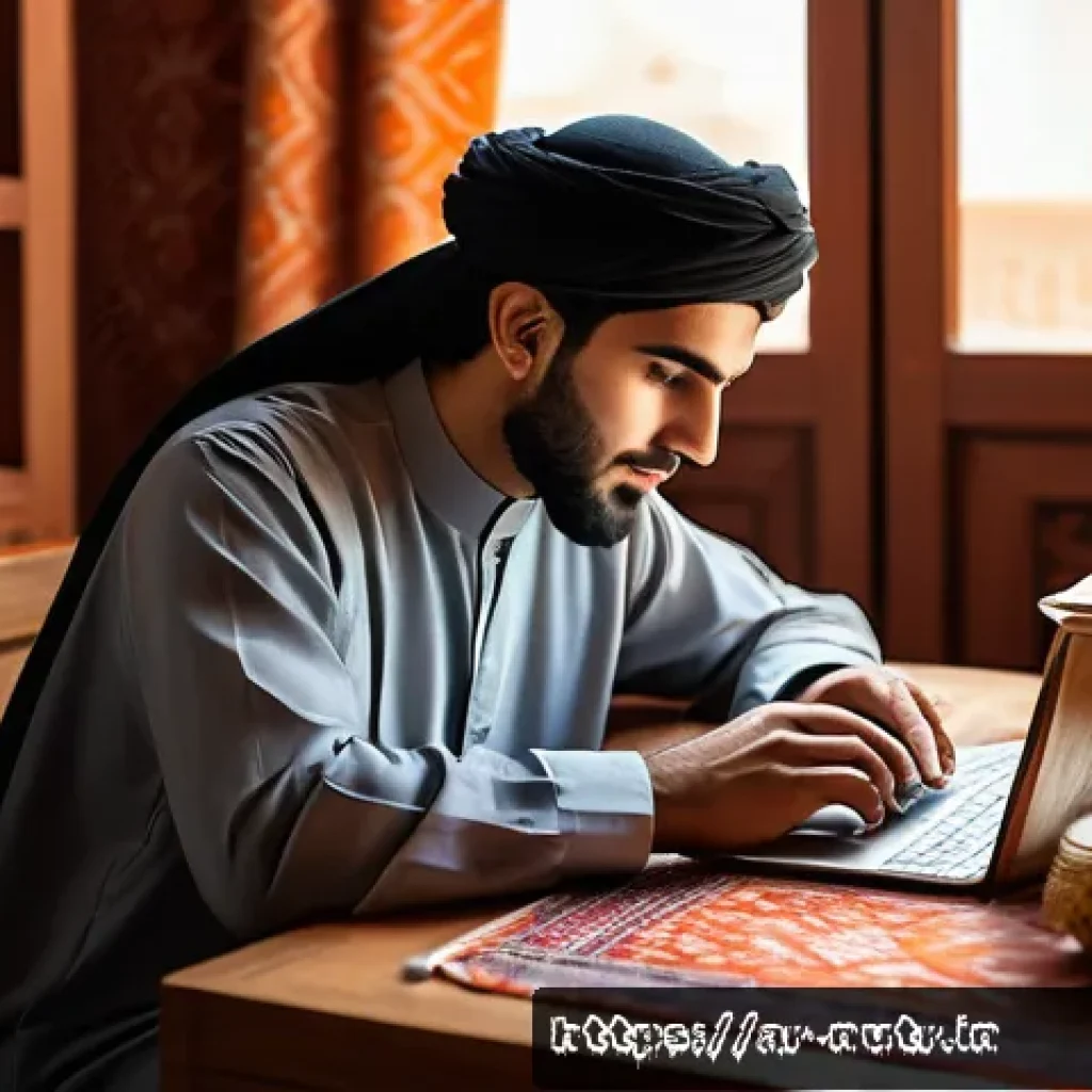영양사 자격증 취득 성공을 위한 루틴 - A focused young Arab student sitting at a traditional wooden desk in a cozy room decorated with Midd...