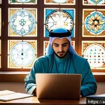 영양사 자격증 필기시험 과목 분석 - A focused Arab student in a modern study room, surrounded by textbooks on biochemistry, clinical nut...