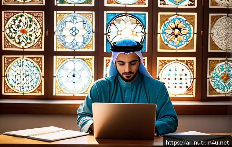 영양사 자격증 필기시험 과목 분석 - A focused Arab student in a modern study room, surrounded by textbooks on biochemistry, clinical nut...