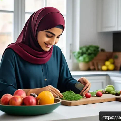 영양사와 최신 식단 트렌드 - A modern Arab woman in casual stylish clothing preparing a healthy meal in a bright, spacious kitche...