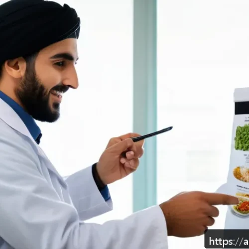 영양사 직업 만족도 - A professional Arab nutritionist in a modern clinic setting, wearing a white lab coat and modest clo...