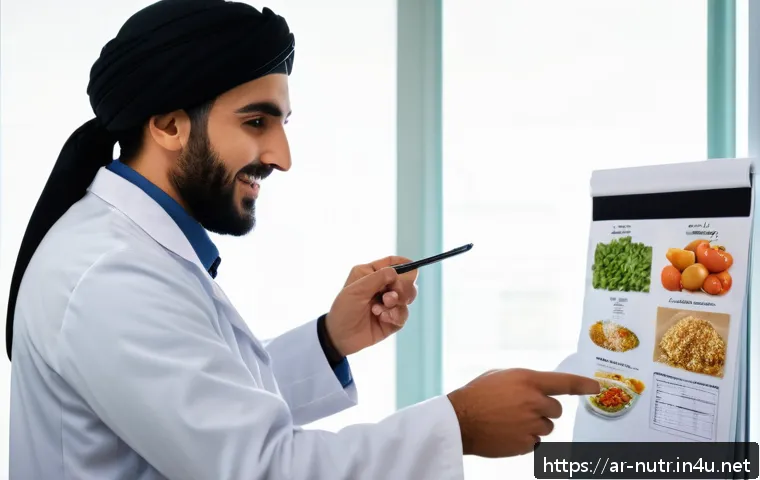 영양사 직업 만족도 - A professional Arab nutritionist in a modern clinic setting, wearing a white lab coat and modest clo...