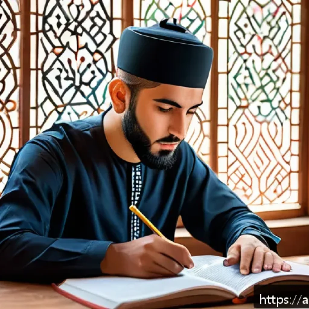 영양사 시험 대비 스터디 전략 - A focused Arab male student sitting at a traditional wooden desk in a bright, cozy study room decora...