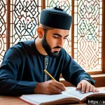 영양사 시험 대비 스터디 전략 - A focused Arab male student sitting at a traditional wooden desk in a bright, cozy study room decora...