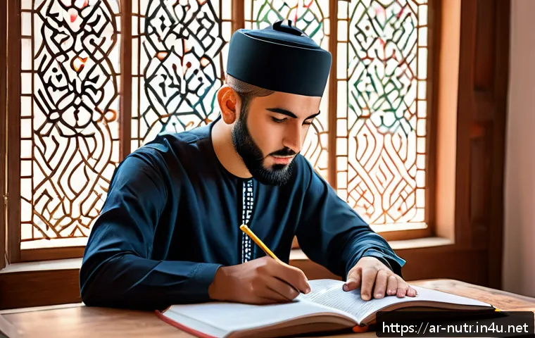 영양사 시험 대비 스터디 전략 - A focused Arab male student sitting at a traditional wooden desk in a bright, cozy study room decora...