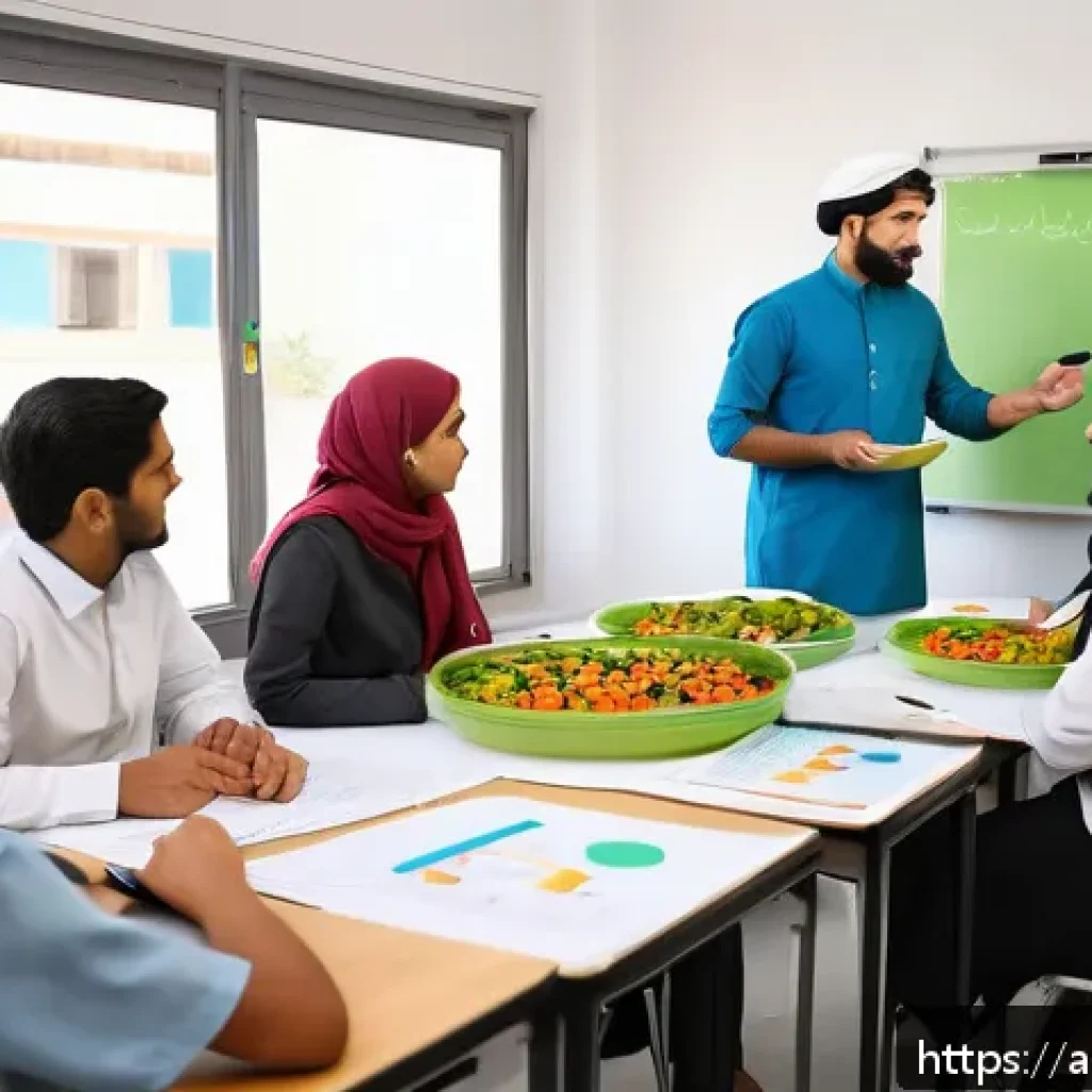 영양사 자격증 기출문제 해설 - A detailed classroom scene showing an Arab nutrition specialist teaching a diverse group of adult st...