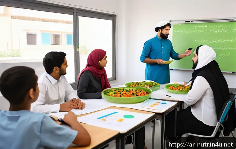 영양사 자격증 기출문제 해설 - A detailed classroom scene showing an Arab nutrition specialist teaching a diverse group of adult st...