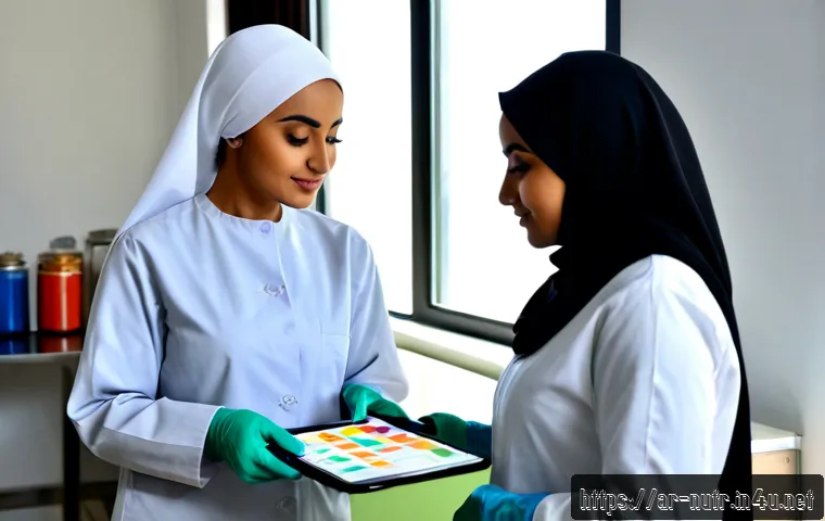 영양사 직무에서의 실수 방지 - Photorealistic Arab female dietitian in modest professional attire and hijab carefully comparing a p...